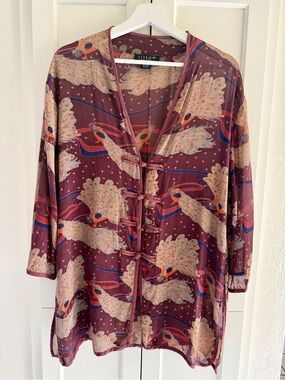 Citron Santa Monica Burgundy Peacock-Print Silk Tunic Top